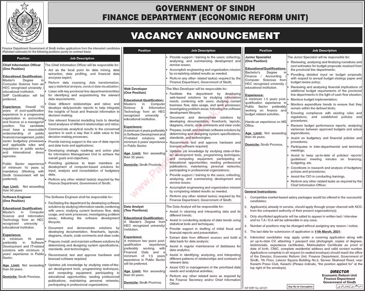 Latest Jobs in Pakistan in Finance Department Sindh Jobs 2021