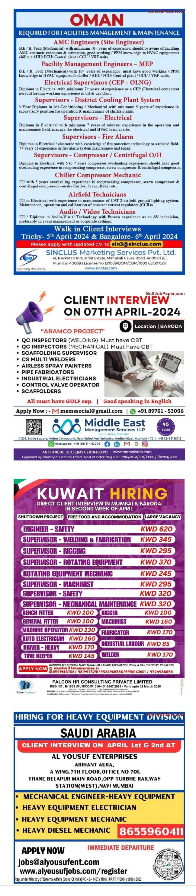 01 April 2024 - Gulf Jobs Vacancy Openings From Today
