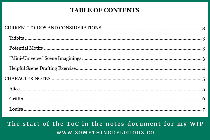 A screenshot of the beginning of the table of contents from Tori's notes document for her work-in-progress.  It says Table of Contents at the top and then lists the first two categories (Current To-Dos and Considerations and Character Notes), along with their subheadings.