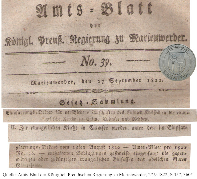 Amts-Blatt der Königlich Preußischen Regierung zu Marienwerder, 27.9.1822; Seiten 357, 360, 361 (Ausschnitte / cuts)