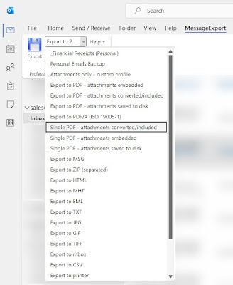 Screen shot of MessageExport toolbar, showing the dropdown list from which a user may select from many different email target conversion formats. Highlighted is "PDF - Attachments included/converted"