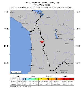 Epicentro sismo 5,2 grados, norte de Chile, 07 de Septiembre 2013