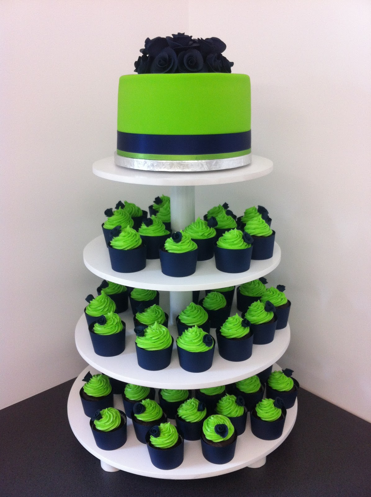 purple wedding cake designs Navy Blue & Lime Green cup cake tower