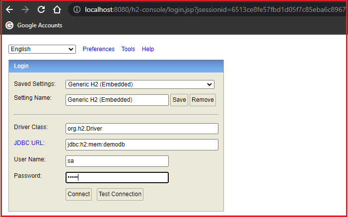 open h2 database console login in browser after the spring boot application executed