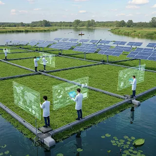 A futuristic concept illustration of a sustainable duckweed farm, showcasing a vast, floating duckweed cultivation system on a body of water, integrated seamlessly with rows of gleaming solar panels.