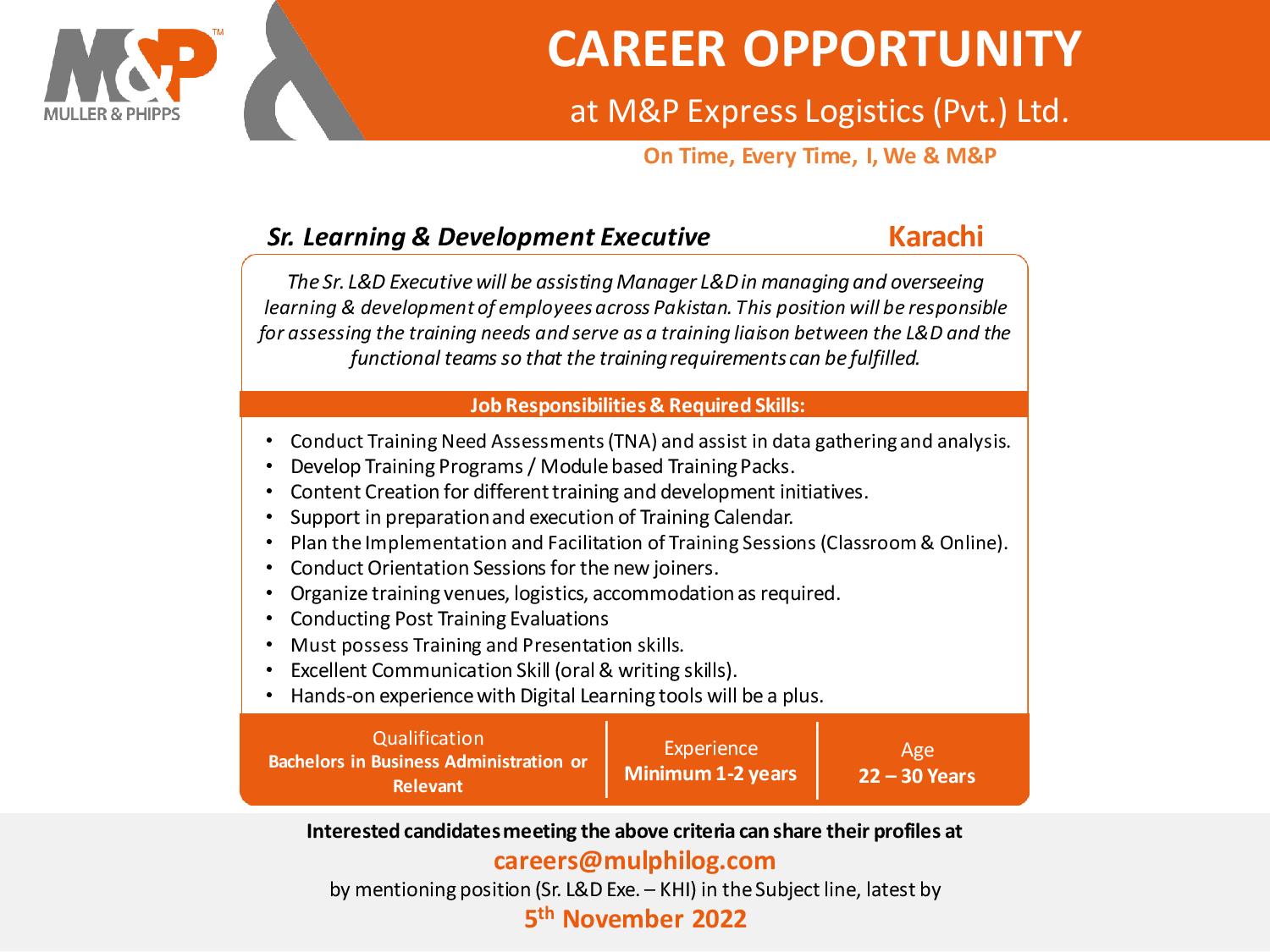 Sr. Learning & Development Executive opportunity at M&P Express Logistics