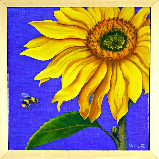 Sunflower Diptych (TOP) Bee  12"x 12" oil on canvas  by Minaz Jantz