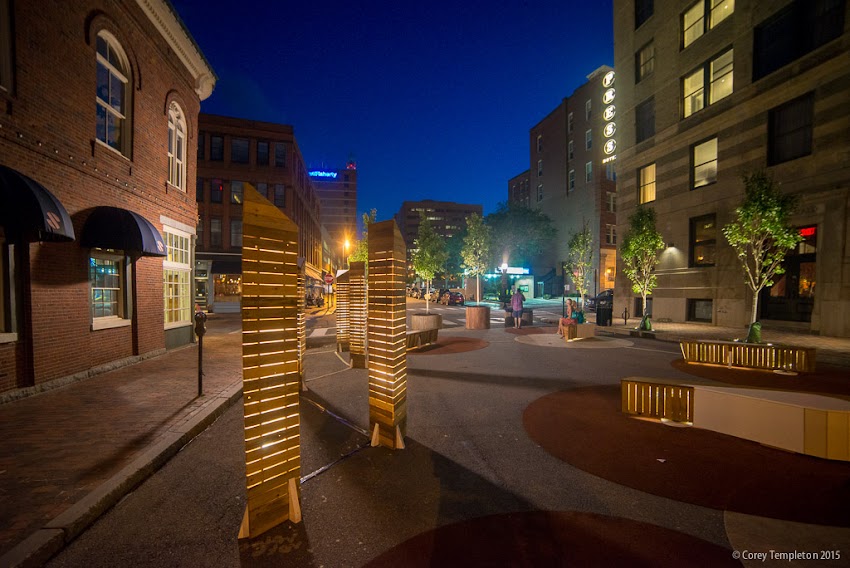 Portland, Maine USA July 2015 Federal Street Folly pop-up park between Exchange and Market Streets behind the Press Hotel at night. Photo by Corey Templeton.