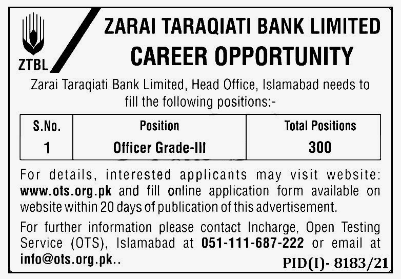 Zarai Taraqiati Bank Limited ZTBL Jobs 2022 via OTS
