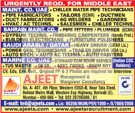 Urgent Jobs for UAE , Qatar & other Middle East