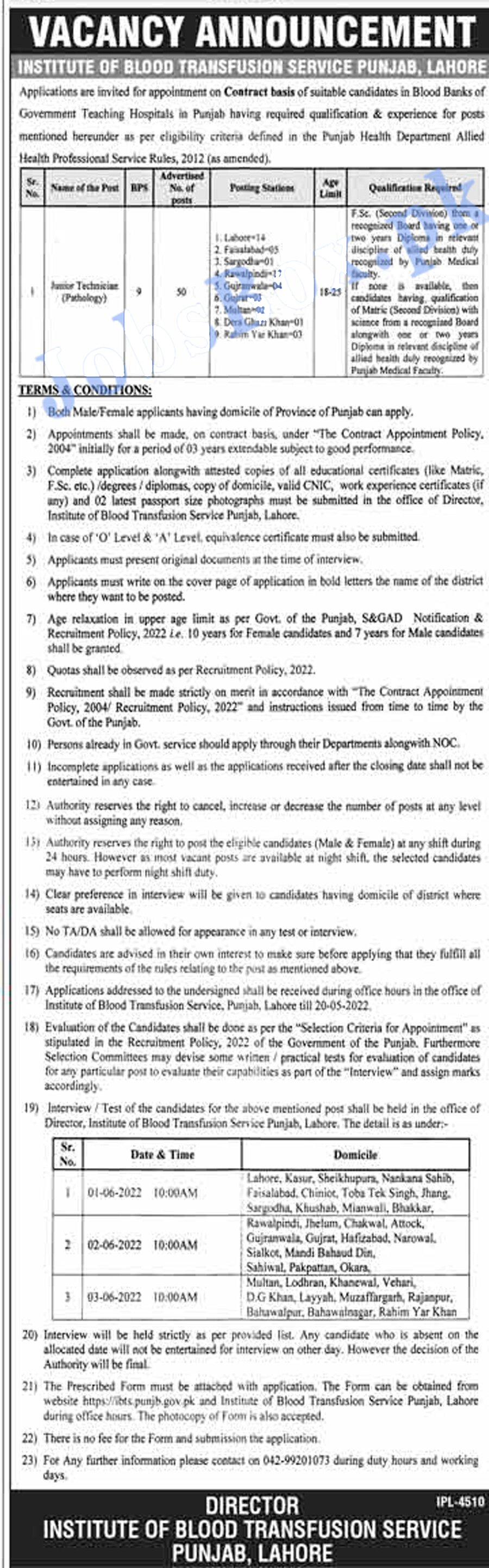 Blood Transfusion Services Institute Punjab Jobs 2022