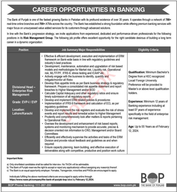 Jobs in The Bank of Punjab BOP