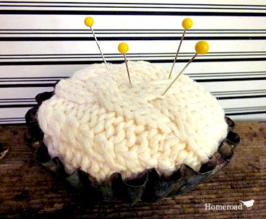 vintage tart with sweater fabric pin cushion