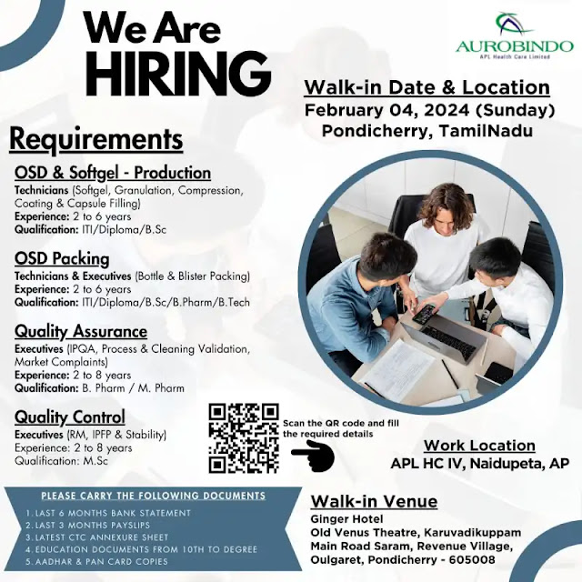 Aurobindo Pharma Walk In Interview For Production/ QA/ QC/ Packing