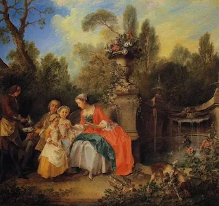 Dama en un jardín tomando café con algunos niños de Nicolas Lancret