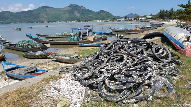 Recycled rubber tyres used for oyster farming strewn on the roadside, by Lap An lagoon. The whites patches on the tyres are residual oyster shells.