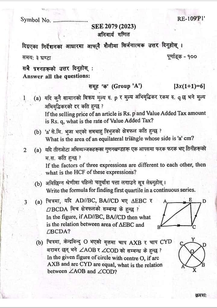 SEE Math Board Exam Question Paper Set | Province 1 Koshi