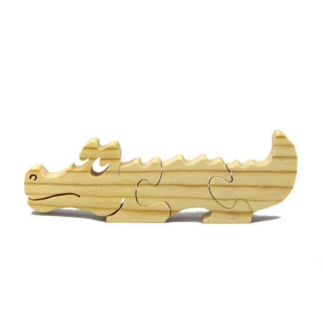 Wood Puzzle Baby Alligator, Simple Three Part Puzzle, Wooden Animal