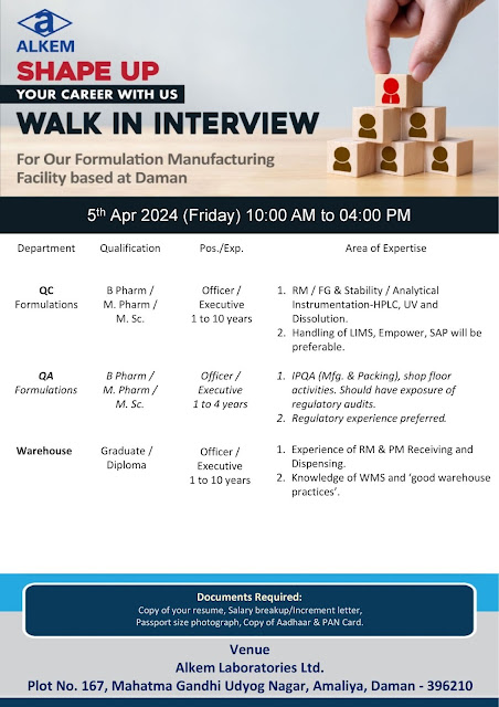 Alkem Walk In Interview For QC and QA Dept