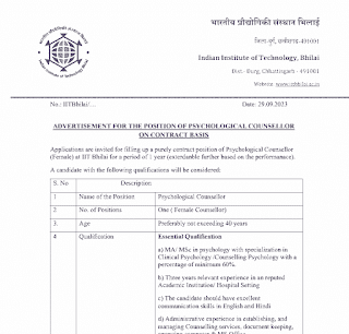 BHILAI IIT RECRUITMENT CONTRACTUAL POST : आईआईटी भिलाई में रिक्त संविदा पद की भर्ती के लिए ईमेल द्वारा आवेदन