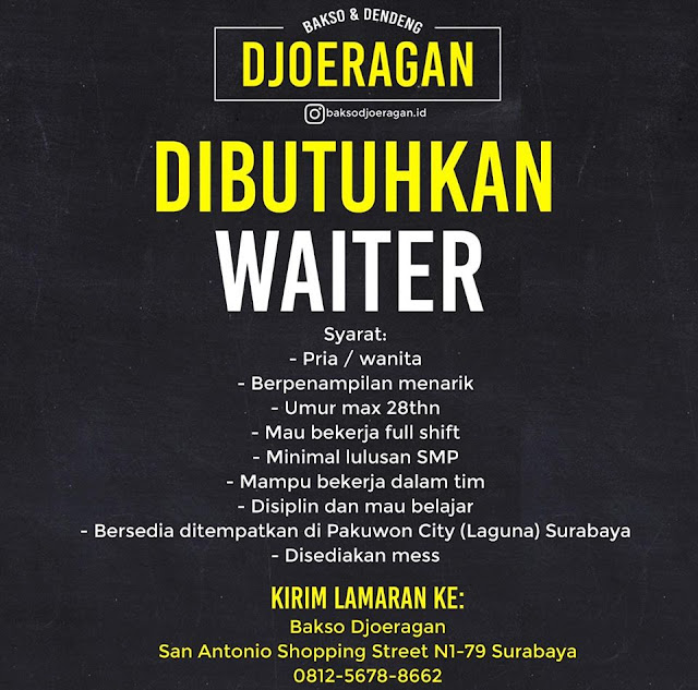 lowongan kerja waiter bakso & dendeng djoeragan