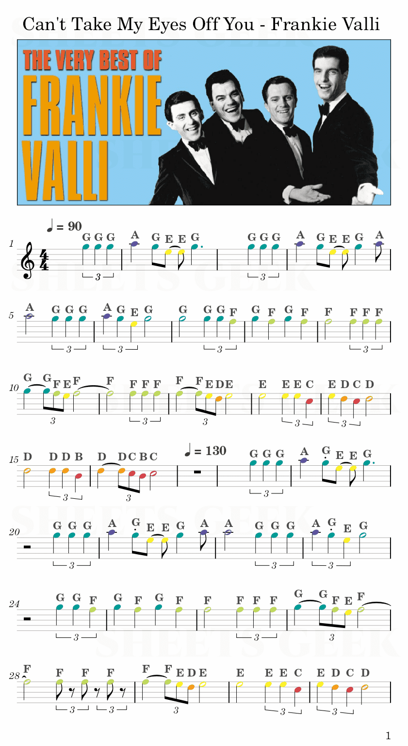 Can't Take My Eyes Off You - Frankie Valli Easy Sheet Music Free for piano, keyboard, flute, violin, sax, cello page 1