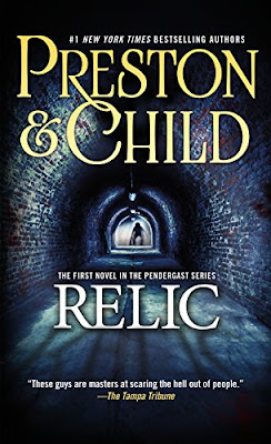 Front cover to Preston and Child's novel, "Relic", with an illustration of a long, dark tunnel.