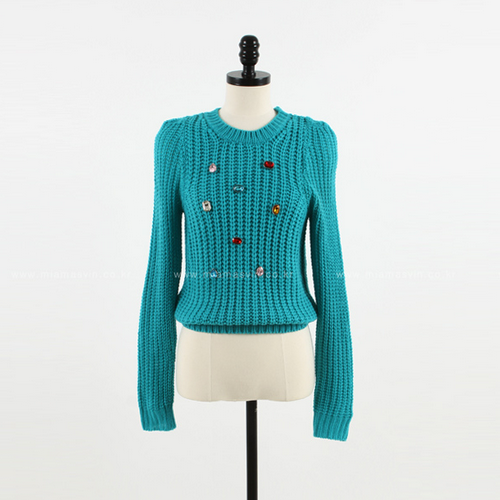 Long Sleeved Knit Sweater with Faceted Stone Accents