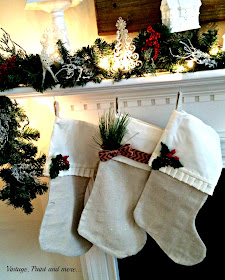 Vintage, Paint and more... Christmas stockings made from drop cloth and sheets embellished with burlap ribbon and greenery