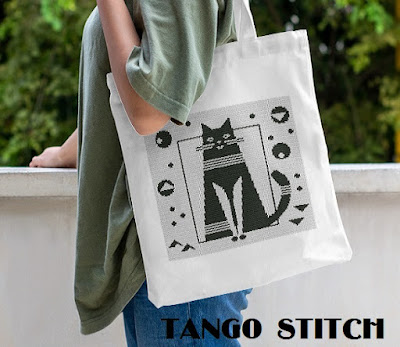 Geometric cat black and white cross stitch pattern - Tango Stitch