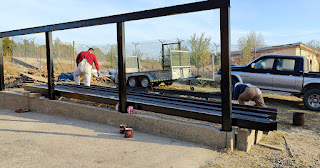 Lifting the 7m lengths onto blocks