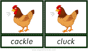 Animal sounds flashcards - cackle, cluck - chicken, hen -- printable ESL resources
