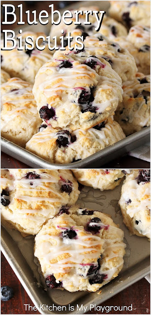 Blueberry Biscuits ~ Super tasty buttermilk biscuits packed with fresh blueberries & topped with a drizzle of sweet glaze. Inspired by the classic southern Bojangles Bo-Berry Biscuit, they're one extra-delicious biscuit treat.  www.thekitchenismyplayground.com