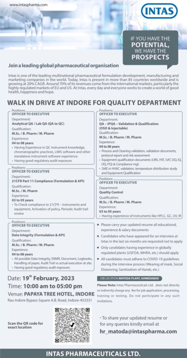 Intas Pharmaceuticals | Walk-in interview at Indore for Quality Control & Quality Assurance on 19th February 2023