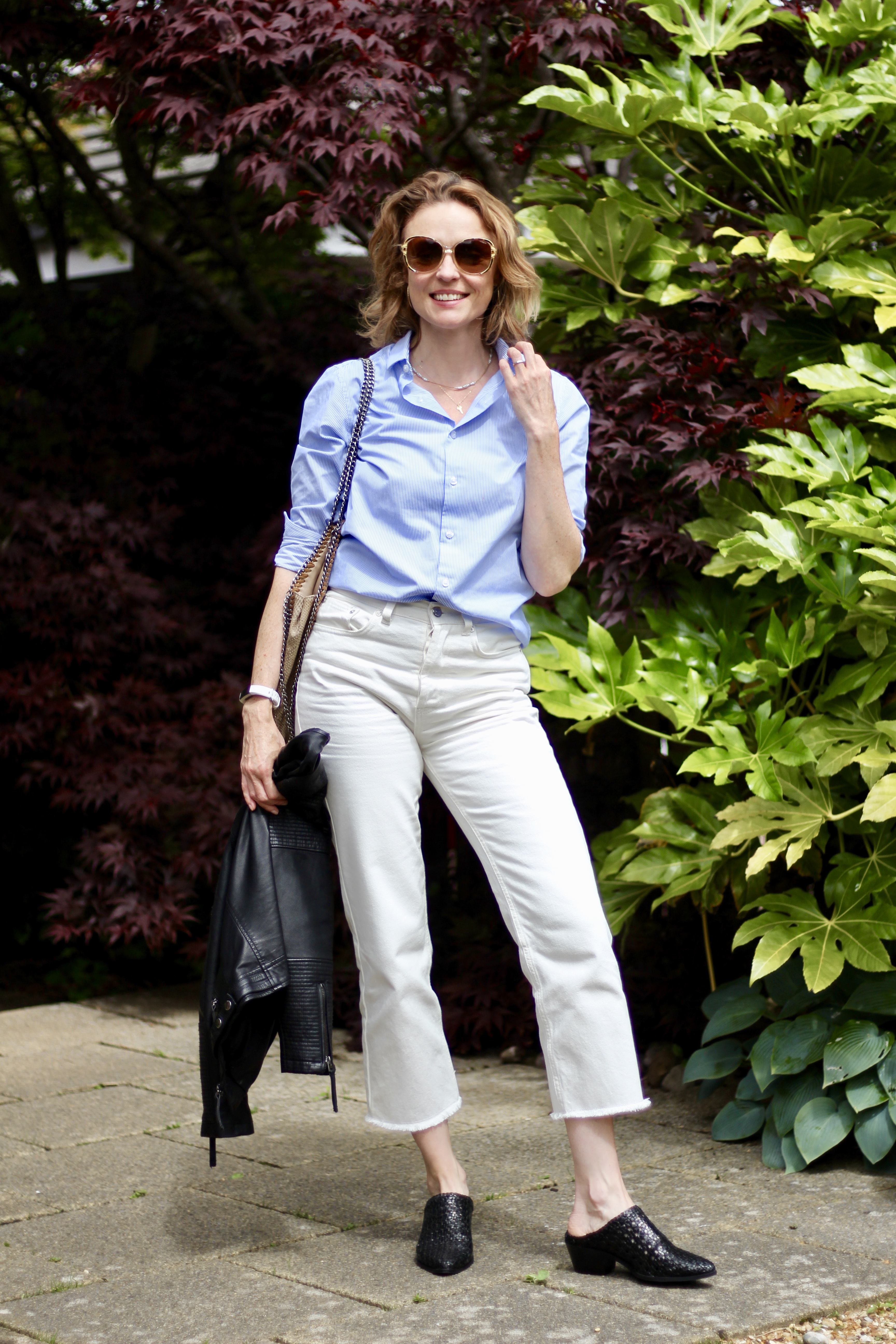 AGELESS Style? You decide!  • Cream Jeans, Blue Shirt, Black Biker