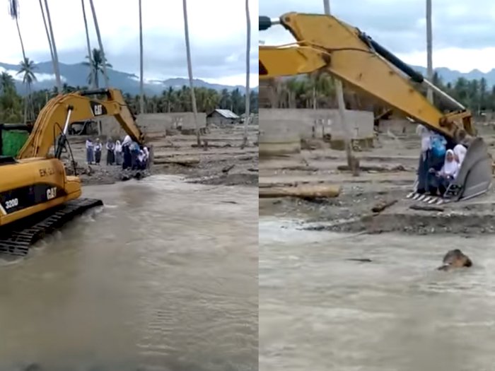 Perjuangan Pelajar di Sulteng untuk Bersekolah, Seberangi Sungai dengan Bantuan Ekskavator