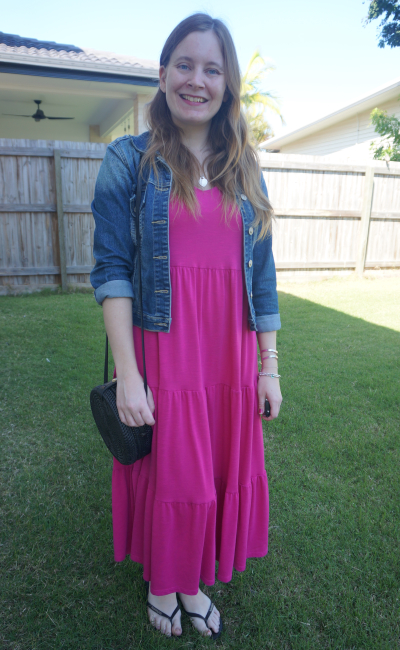 denim jacket with fuchsia kmart tiered midi dress | awayfromblue