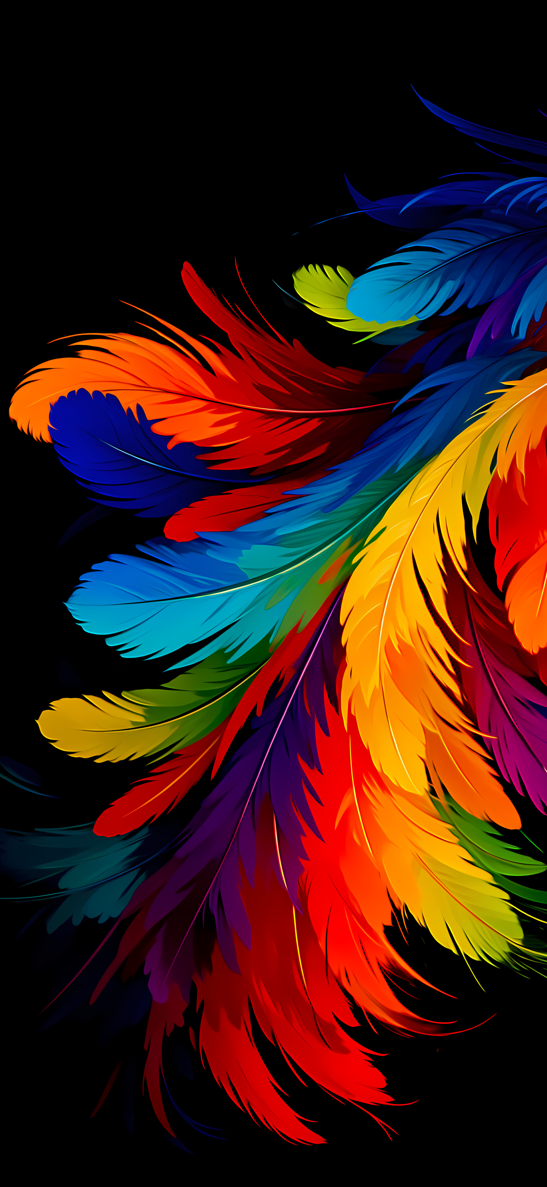 Colorful abstract feathers on a black background

