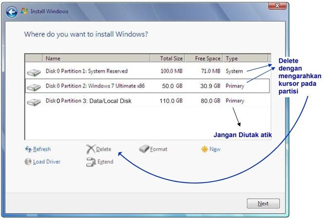 cara instal windows 7, delete partisi