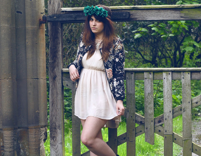 uk fashion blogger, wearing rose crown, nude topshop dress and floral bomber jacket from zara, styled with all saints jukes biker boots. countryside chic outfit, english 