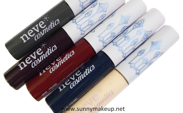 Neve Cosmetics - Ink Me. Da sinistra verso destra, gli eyeliner: Alexandria, Ankh, Hatshepsut, Thebes, Nut.