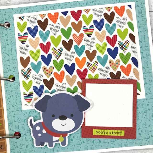 So Dog Gone Cute Scrapbook Album page with lots of colorful hearts, dogs, and a photo mat