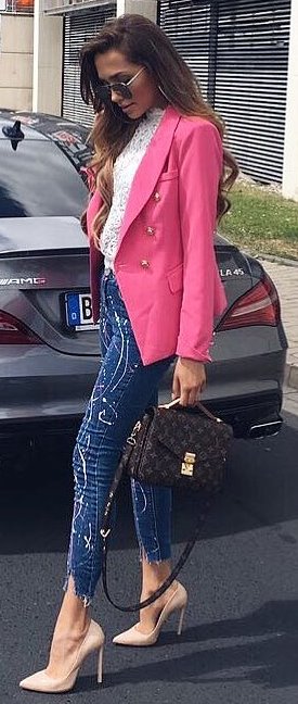 fashionable outfit / pink blazer + white lace blouse + skinnies + bag + heels