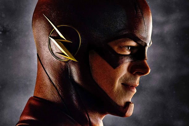 Profile view of Grant Gustin in the Flash cowl/mask/helmet with lightning bolts over ears