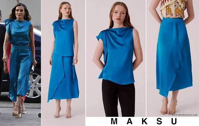 Queen Letizia wore Maksu Grace sleeveless silk top and silk midi skirt