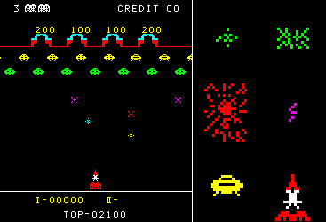 A demonstration of the 1979 arcade game, Space Launcher.  Sample gameplay is shown alongside the sprites for the player, UFO, bullet, blasts, and obstacles.