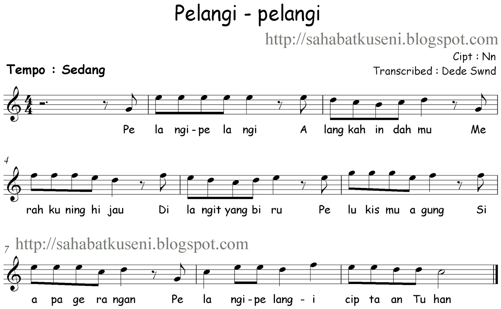  Not  Balok Lagu  Anak anak Indonesia Pelang pelangi  