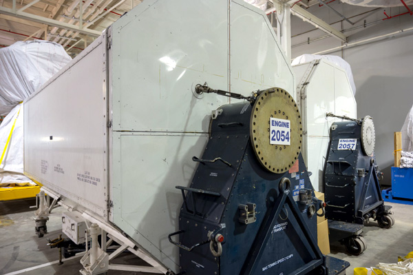 Storage containers where four RS-25 engines will be placed before they are installed on the Space Launch System's core stage booster for Artemis 3.