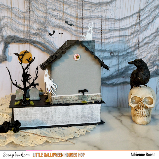 Scrapbook.com Tiny Halloween House Hop tutorial dead and breakfast: Tim Holtz, distress ink, die cut, raven, funky floral, regions beyond, frightful things, gate keeper, bats, moon, spider, spiderweb, boneyard, metal gates, tiny lights, metallic kraft cardstock, mixed media, book box, Finnabair, gesso, impasto paint, glitter paper, moss, stone effect, miniature house, mini house, little house, ghost