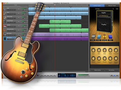 Montaje fotográfico con la interfaz gráfica del software GarageBand 09 de fondo y una guitarra electroacústica en primer plano